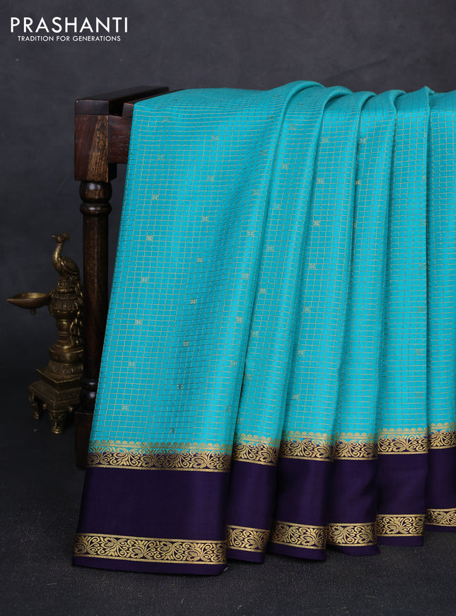 Pure mysore silk saree teal blue and navy blue with allover small zari checks & buttas and rettapet zari woven border