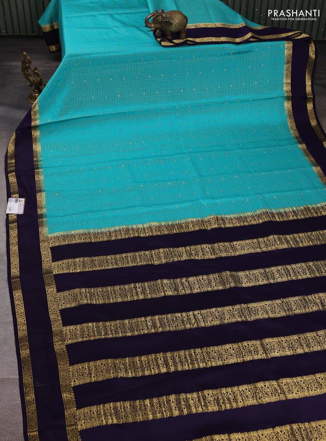 Pure mysore silk saree teal blue and navy blue with allover small zari checks & buttas and rettapet zari woven border