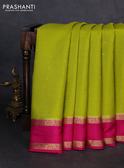 Pure mysore silk saree lime green and pink with allover small zari checks & buttas and rettapet zari woven border