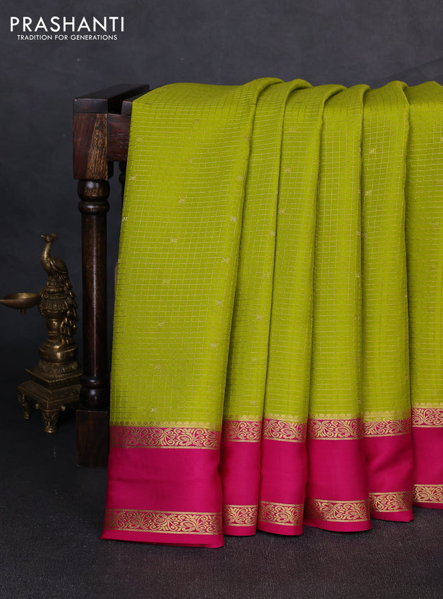 Pure mysore silk saree lime green and pink with allover small zari checks & buttas and rettapet zari woven border