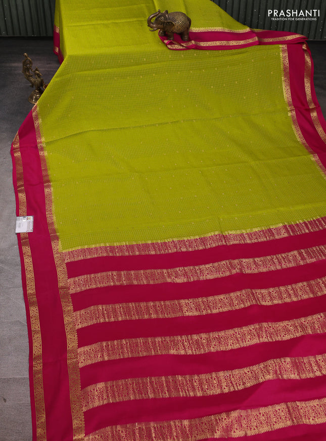 Pure mysore silk saree lime green and pink with allover small zari checks & buttas and rettapet zari woven border
