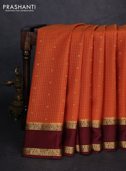 Pure mysore silk saree rust shade and coffee brown with allover small zari checks & buttas and rettapet zari woven border