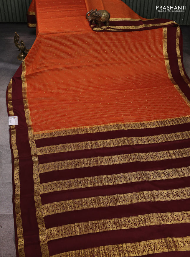 Pure mysore silk saree rust shade and coffee brown with allover small zari checks & buttas and rettapet zari woven border