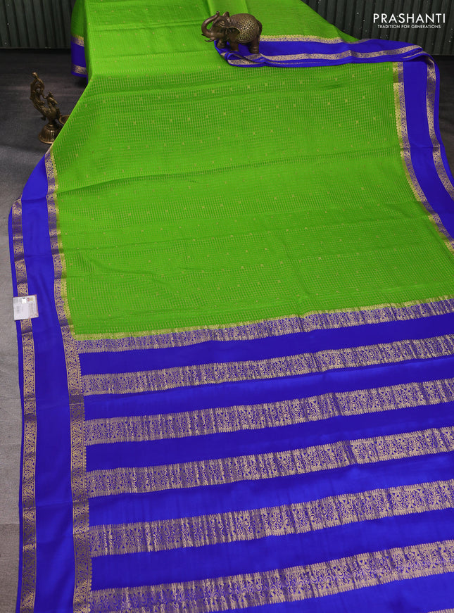 Pure mysore silk saree light green and royal blue with allover small zari checks & buttas and rettapet zari woven border