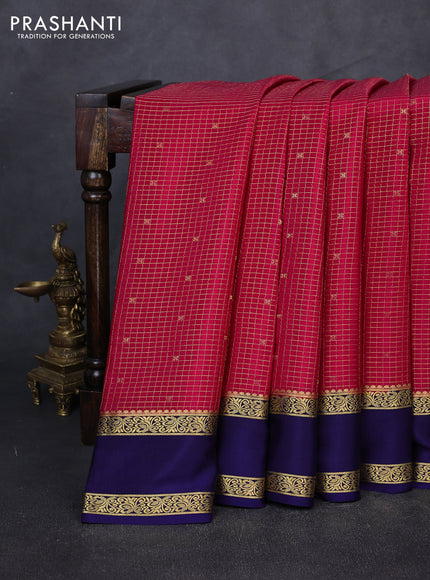 Pure mysore silk saree tomato pink and navy blue with allover small zari checks & buttas and rettapet zari woven border