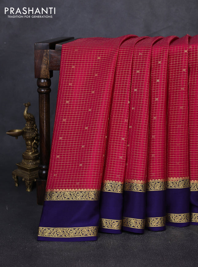 Pure mysore silk saree tomato pink and navy blue with allover small zari checks & buttas and rettapet zari woven border