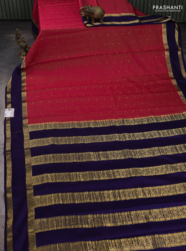 Pure mysore silk saree tomato pink and navy blue with allover small zari checks & buttas and rettapet zari woven border