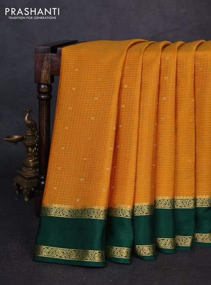 Pure mysore silk saree mustard yellow and green with allover small zari checks & buttas and rettapet zari woven border
