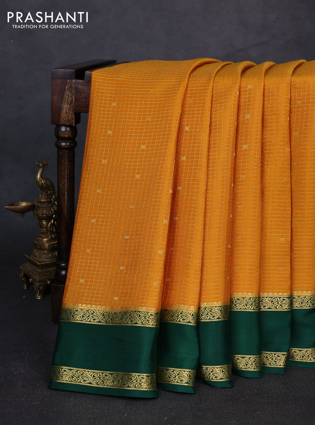 Pure mysore silk saree mustard yellow and green with allover small zari checks & buttas and rettapet zari woven border