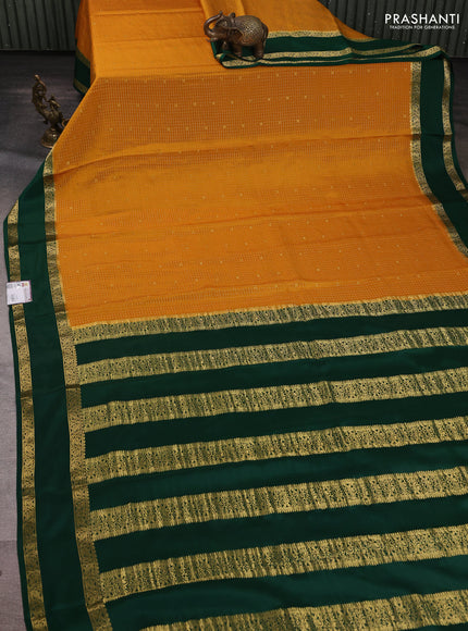 Pure mysore silk saree mustard yellow and green with allover small zari checks & buttas and rettapet zari woven border
