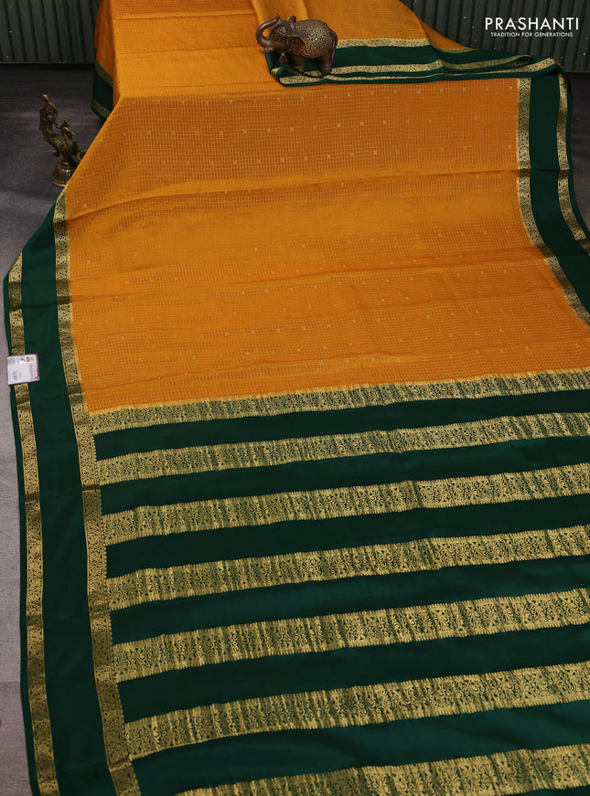 Pure mysore silk saree mustard yellow and green with allover small zari checks & buttas and rettapet zari woven border