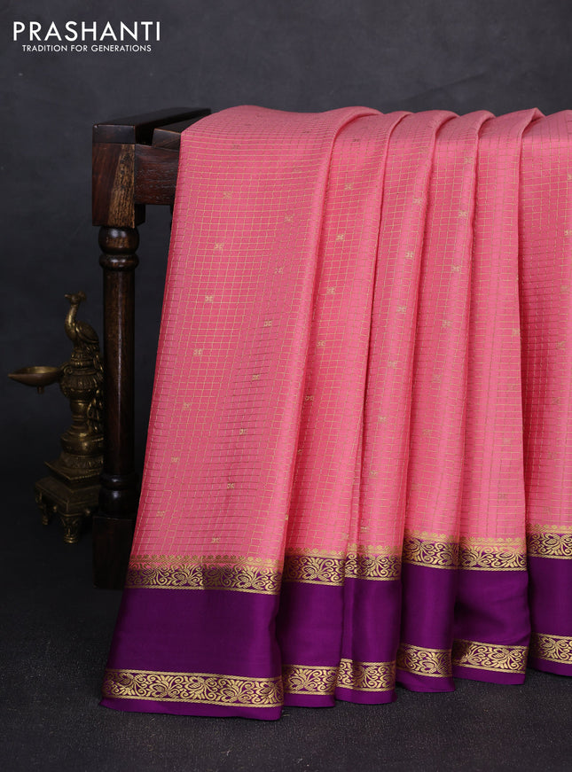 Pure mysore silk saree peach pink and purple with allover small zari checks & buttas and rettapet zari woven border