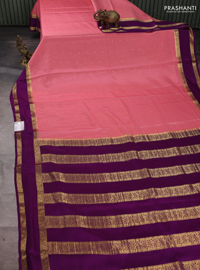 Pure mysore silk saree peach pink and purple with allover small zari checks & buttas and rettapet zari woven border