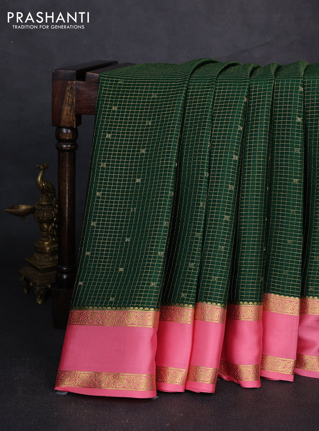 Pure mysore silk saree bottle green and peach pink with allover small zari checks & buttas and rettapet zari woven border
