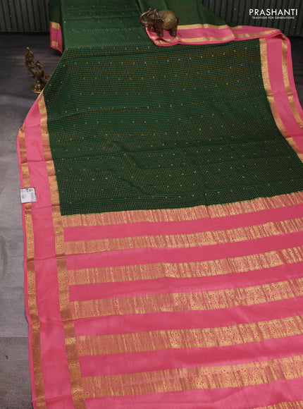 Pure mysore silk saree bottle green and peach pink with allover small zari checks & buttas and rettapet zari woven border