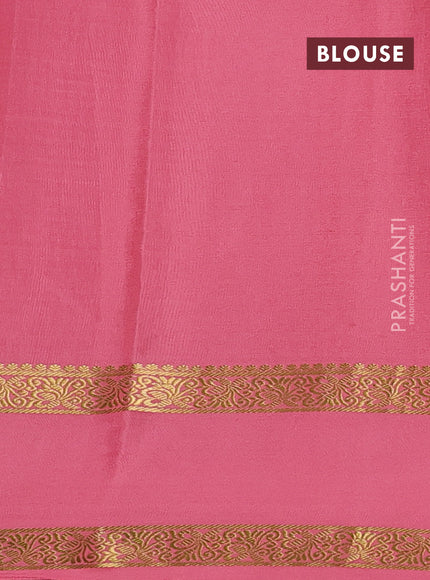 Pure mysore silk saree bottle green and peach pink with allover small zari checks & buttas and rettapet zari woven border