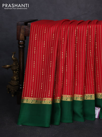Pure mysore silk saree maroon and green with allover zari stripe pattern and zari woven simple border