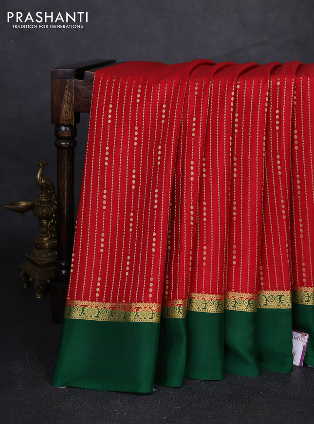 Pure mysore silk saree maroon and green with allover zari stripe pattern and zari woven simple border