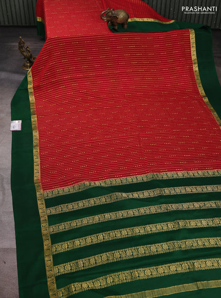 Pure mysore silk saree maroon and green with allover zari stripe pattern and zari woven simple border
