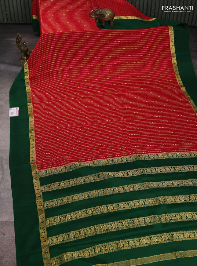 Pure mysore silk saree maroon and green with allover zari stripe pattern and zari woven simple border