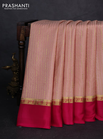 Pure mysore silk saree beige and pink with allover zari stripe pattern and zari woven simple border