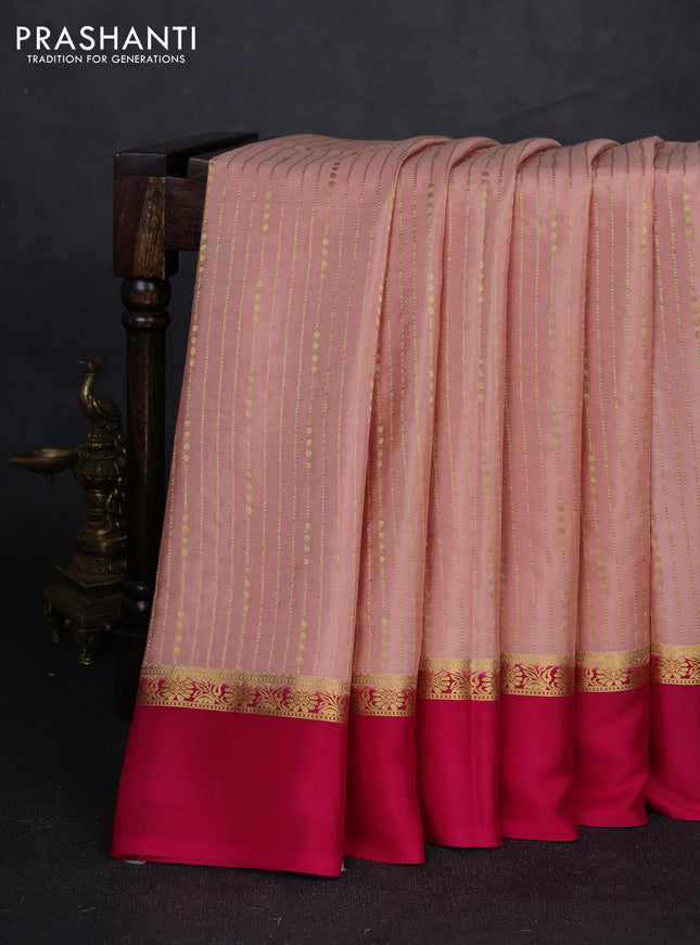 Pure mysore silk saree beige and pink with allover zari stripe pattern and zari woven simple border
