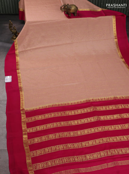 Pure mysore silk saree beige and pink with allover zari stripe pattern and zari woven simple border