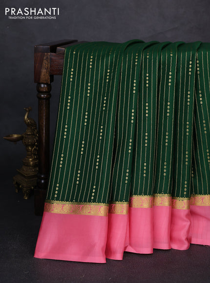 Pure mysore silk saree bottle green and peach pink with allover zari stripe pattern and zari woven simple border
