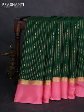 Pure mysore silk saree bottle green and peach pink with allover zari stripe pattern and zari woven simple border
