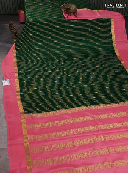 Pure mysore silk saree bottle green and peach pink with allover zari stripe pattern and zari woven simple border