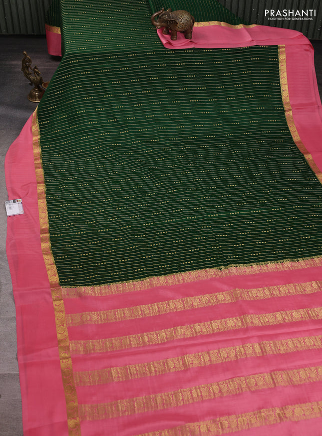Pure mysore silk saree bottle green and peach pink with allover zari stripe pattern and zari woven simple border