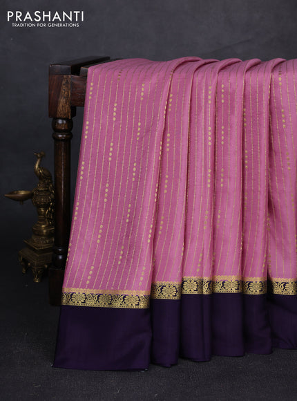 Pure mysore silk saree mauve pink and deep violet with allover zari stripe pattern and zari woven simple border