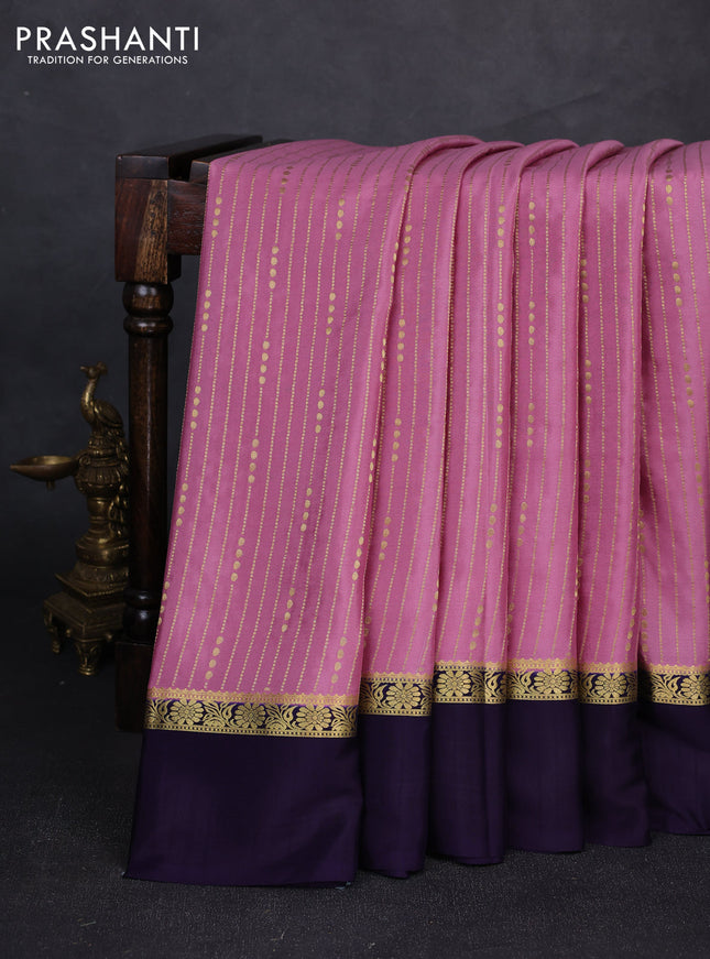 Pure mysore silk saree mauve pink and deep violet with allover zari stripe pattern and zari woven simple border
