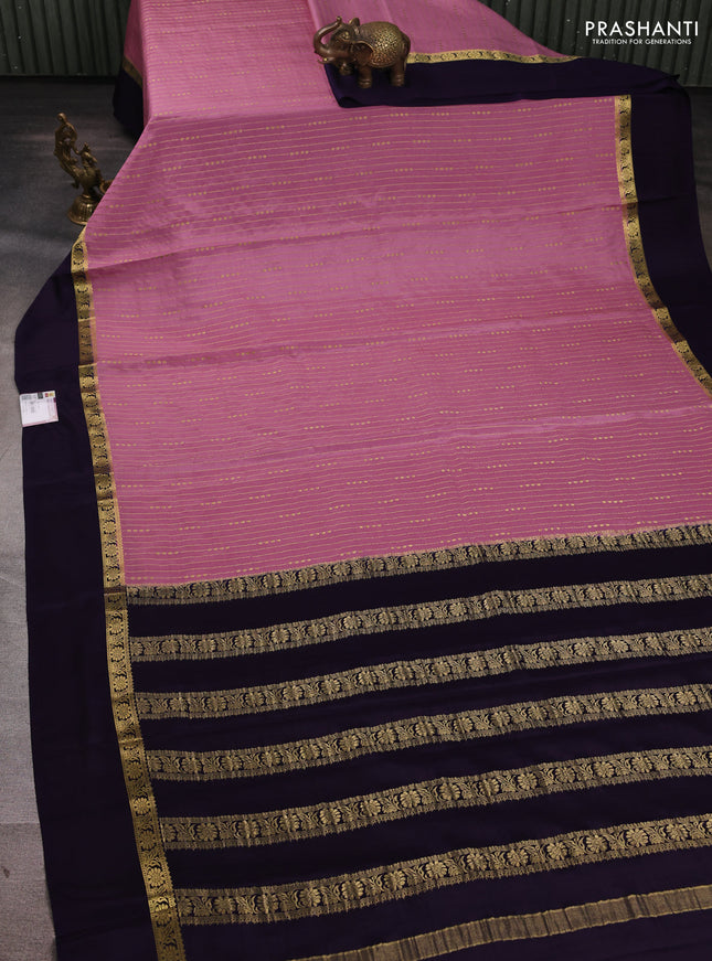 Pure mysore silk saree mauve pink and deep violet with allover zari stripe pattern and zari woven simple border