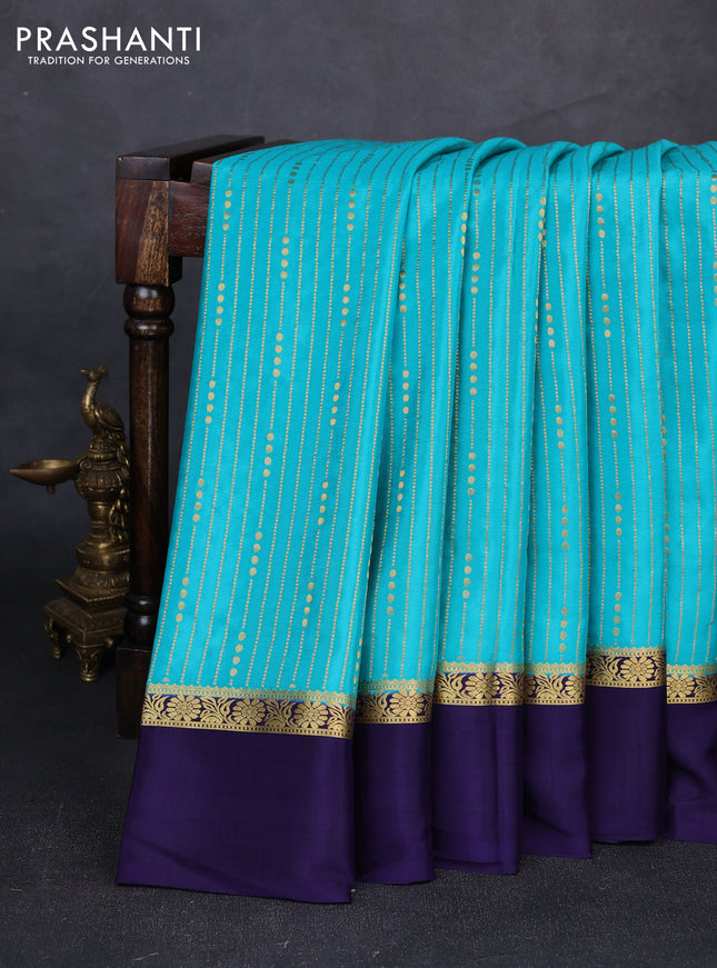 Pure mysore silk saree teal green and deep violet with allover zari stripe pattern and zari woven simple border