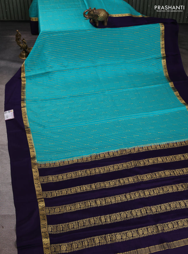 Pure mysore silk saree teal green and deep violet with allover zari stripe pattern and zari woven simple border