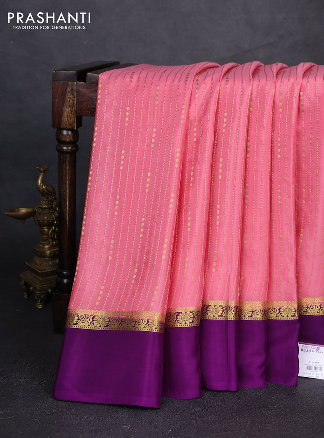 Pure mysore silk saree peach pink and purple with allover zari stripe pattern and zari woven simple border