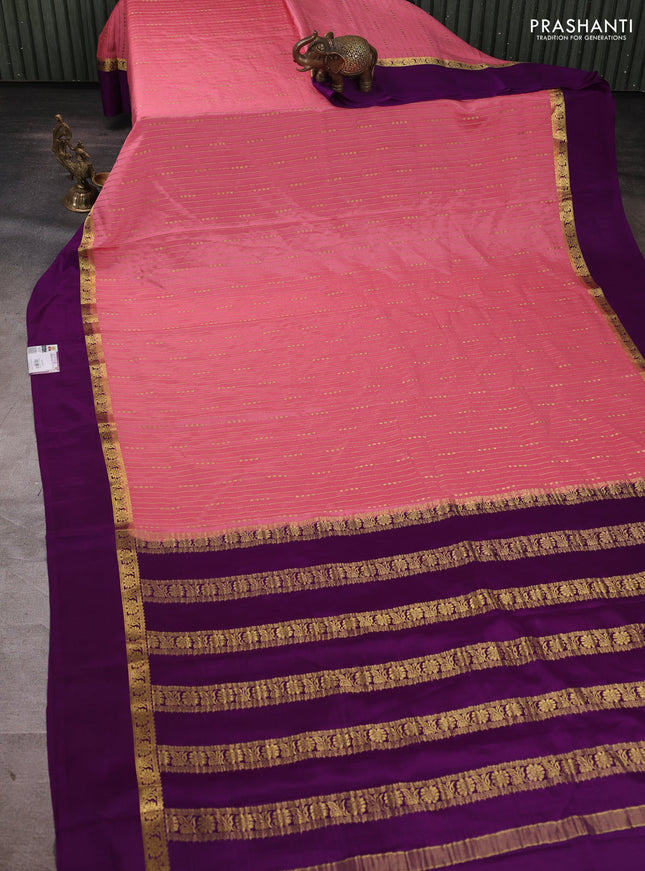 Pure mysore silk saree peach pink and purple with allover zari stripe pattern and zari woven simple border
