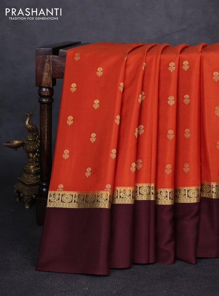 Pure mysore silk saree rust shade and coffee brown with allover zari woven buttas and zari woven simple border