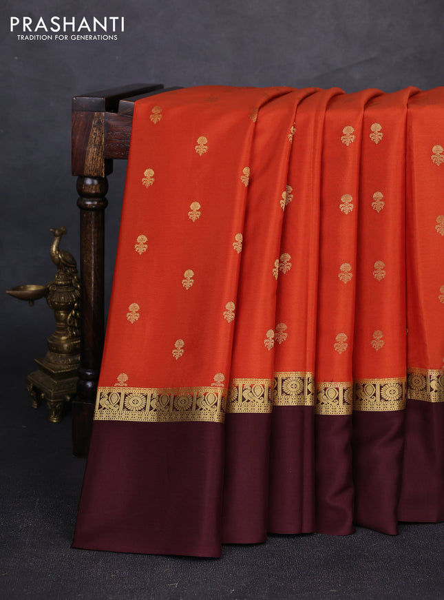 Pure mysore silk saree rust shade and coffee brown with allover zari woven buttas and zari woven simple border
