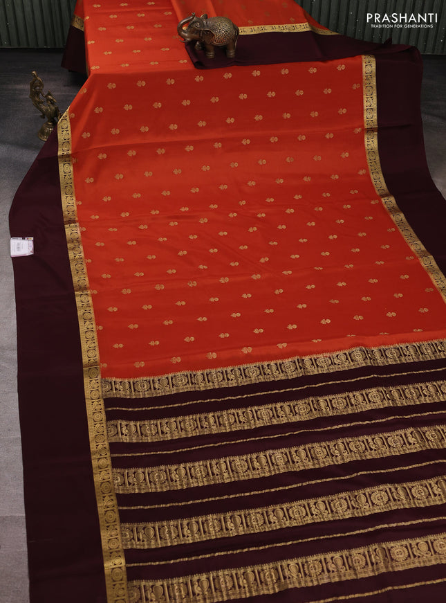 Pure mysore silk saree rust shade and coffee brown with allover zari woven buttas and zari woven simple border