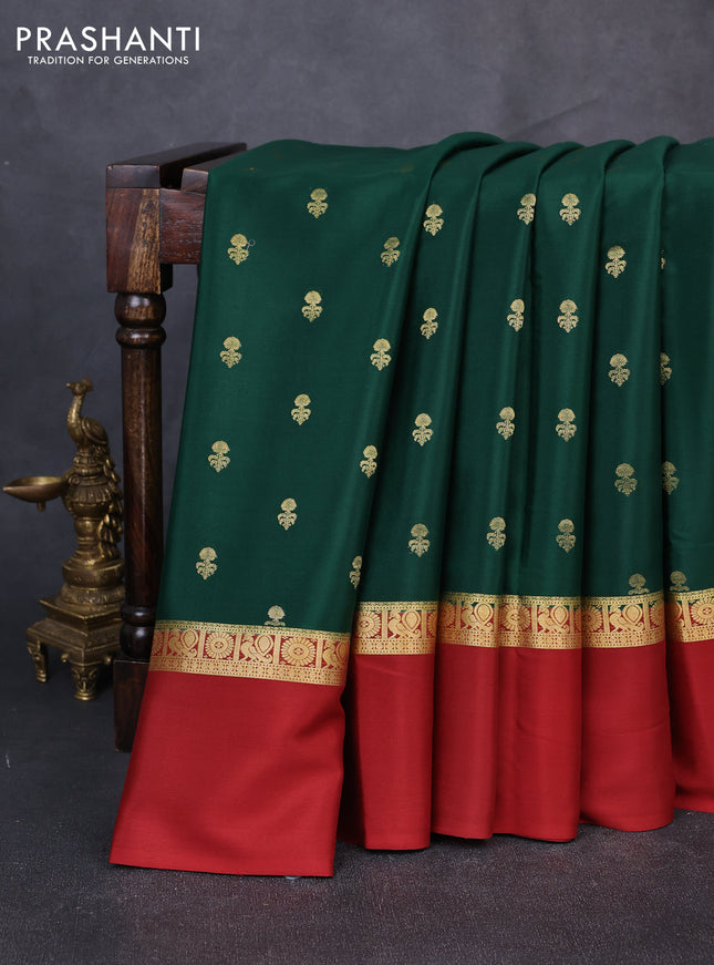 Pure mysore silk saree bottle green and maroon with allover zari woven buttas and zari woven simple border