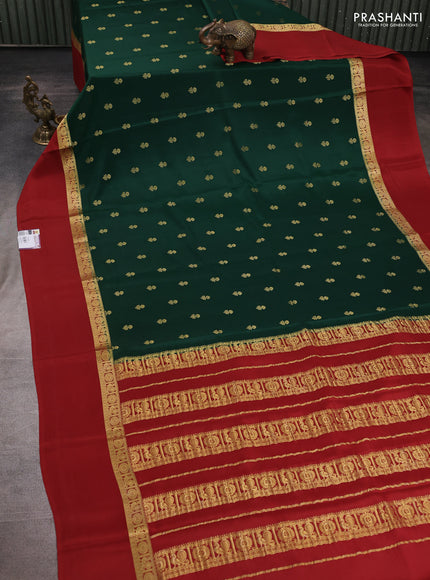 Pure mysore silk saree bottle green and maroon with allover zari woven buttas and zari woven simple border