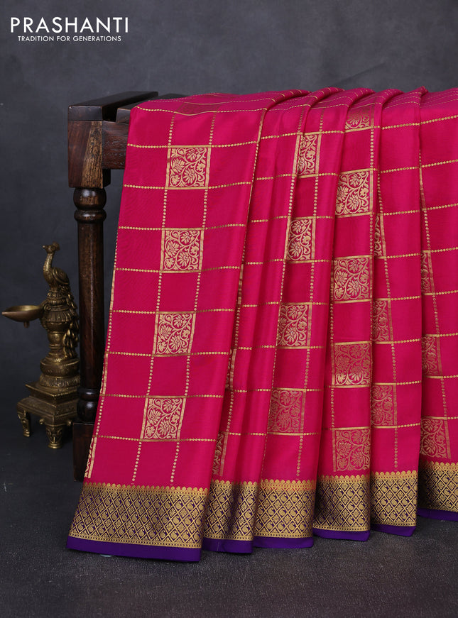 Pure mysore silk saree pink and violet with allover zari checks & buttas and zari woven border