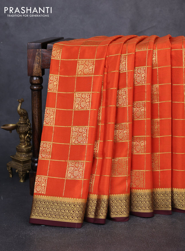 Pure mysore silk saree rust shade and coffee brown with allover zari checks & buttas and zari woven border