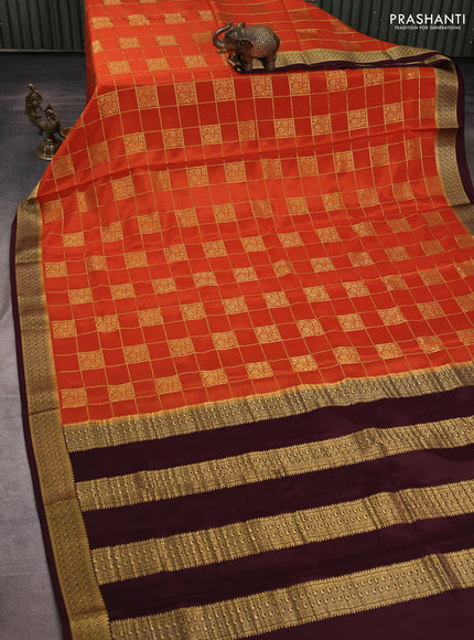 Pure mysore silk saree rust shade and coffee brown with allover zari checks & buttas and zari woven border