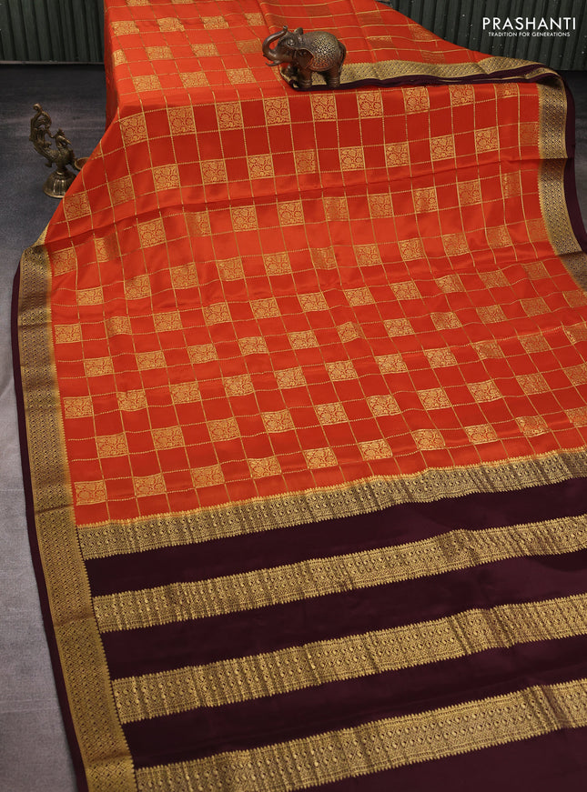 Pure mysore silk saree rust shade and coffee brown with allover zari checks & buttas and zari woven border