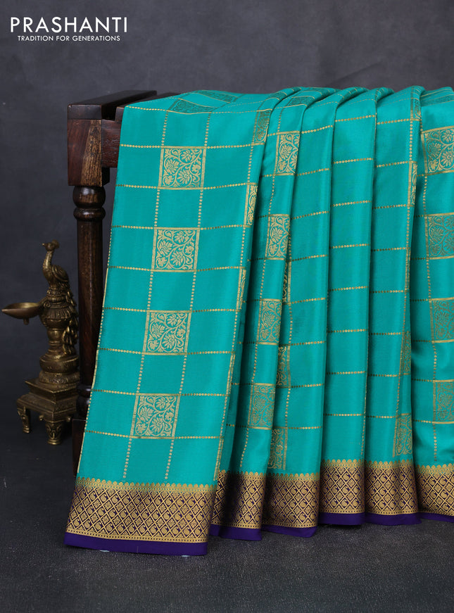 Pure mysore silk saree teal green and blue with allover zari checks & buttas and zari woven border