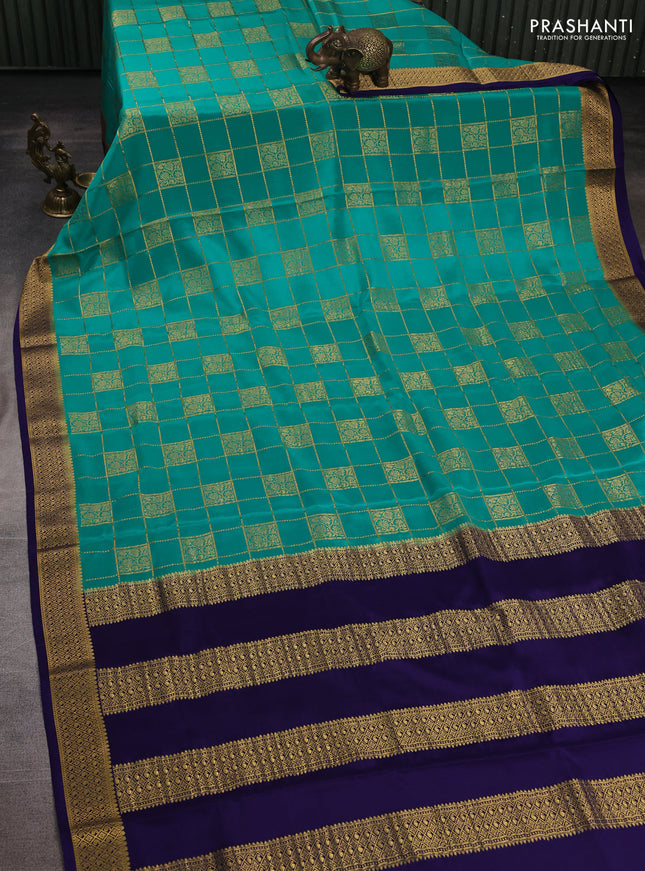 Pure mysore silk saree teal green and blue with allover zari checks & buttas and zari woven border
