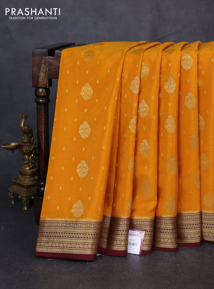 Pure mysore silk saree mustard yellow and coffee brown with allover zari woven buttas and zari woven border